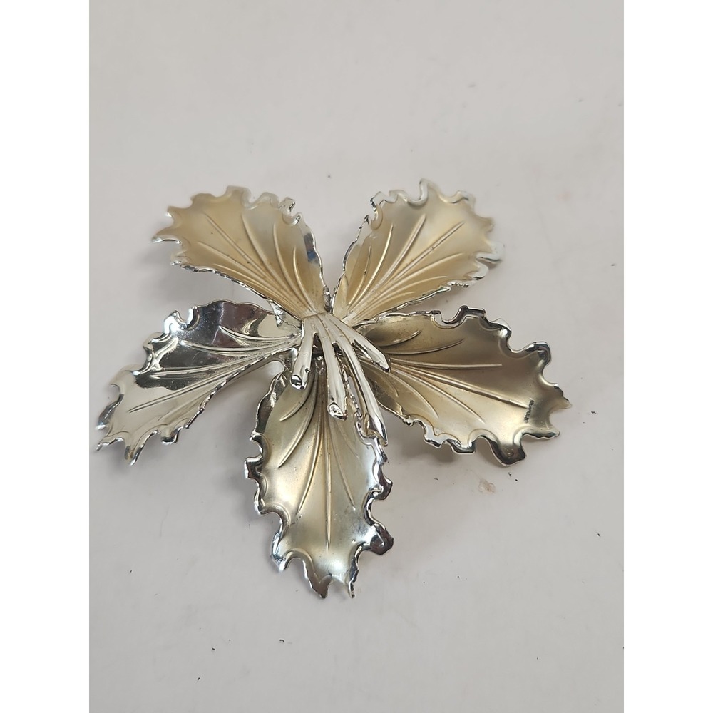 Vtg 1960s Jumbo Gold Tone Orchid Flower Brooch Pin Textured Ruffled Mod 3.5"